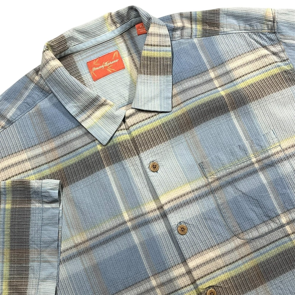Tommy Bahama Silk Button Down Mens‎ XL Blue Plaid Short Sleeve Camp Shirt Luxury